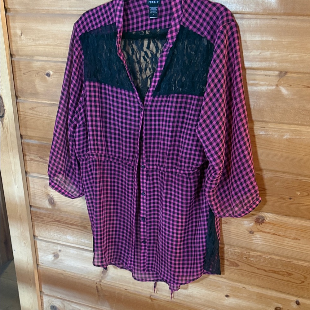 torrid Pink and Black Plaid Lace-Trim Button-Front Shirt